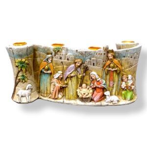 Vintage Christmas Nativity Scroll Advent Candle Holder Christian Religious Resin